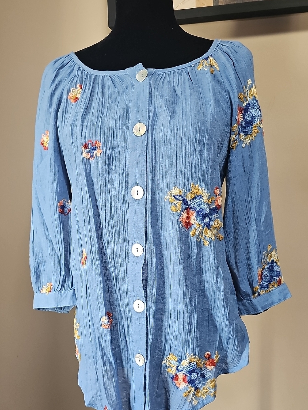 fig and flower Light Blue Embroidered Button-Front Tunic